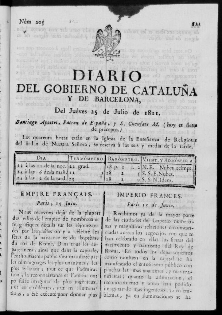 Miniatura de Diario de Barcelona del jueves 25 de julio de 1811
