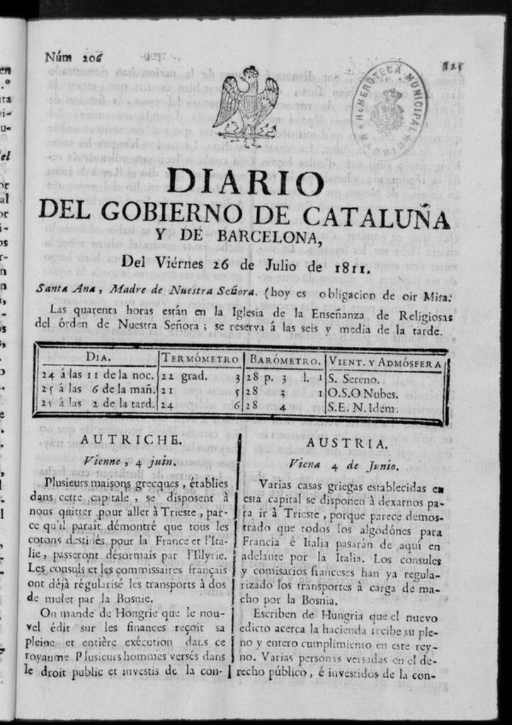 Miniatura de Diario de Barcelona del viernes 26 de julio de 1811