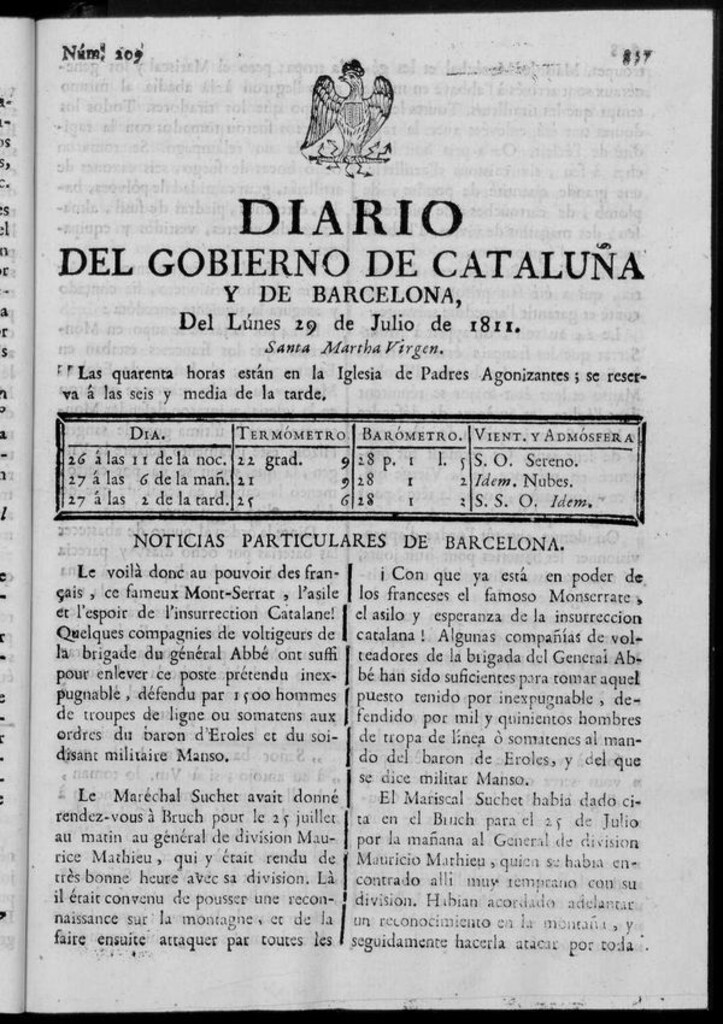 Miniatura de Diario de Barcelona del lunes 29 de julio de 1811