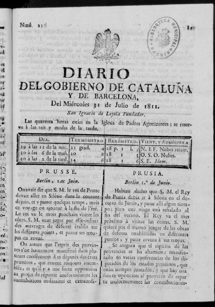 Miniatura de Diario de Barcelona del miércoles 31 de julio de 1811