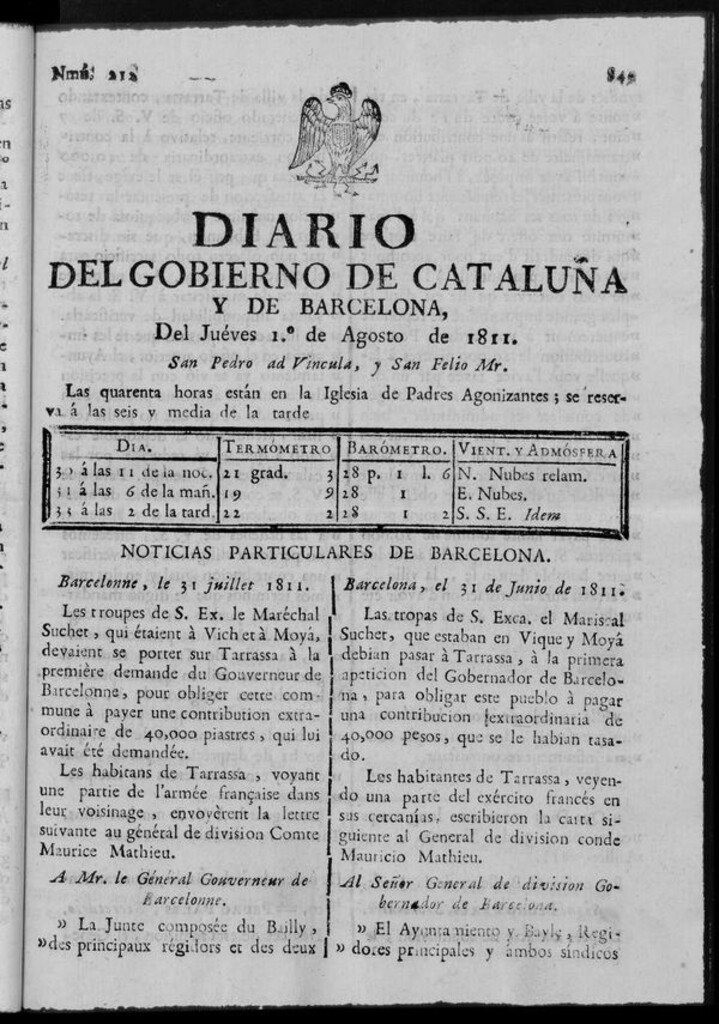Miniatura de Diario de Barcelona del jueves 1 de agosto de 1811