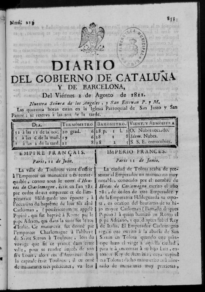 Miniatura de Diario de Barcelona del viernes 2 de agosto de 1811