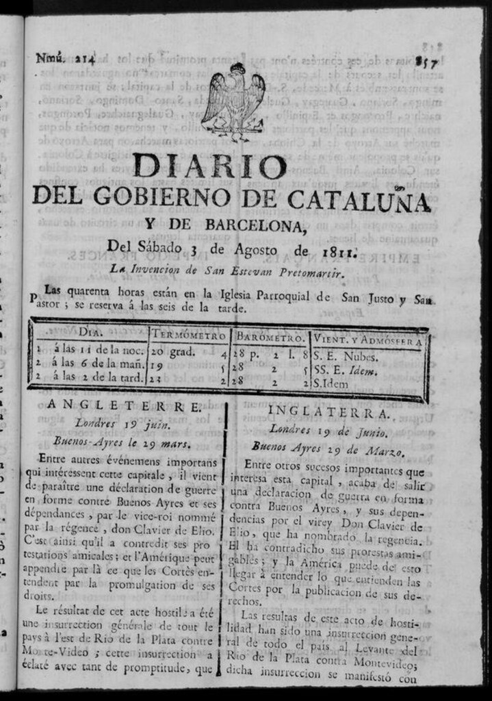 Miniatura de Diario de Barcelona del sábado 3 de agosto de 1811