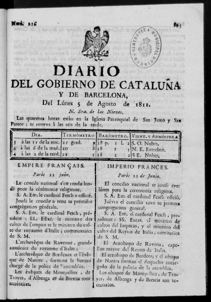 Miniatura de Diario de Barcelona del lunes 5 de agosto de 1811