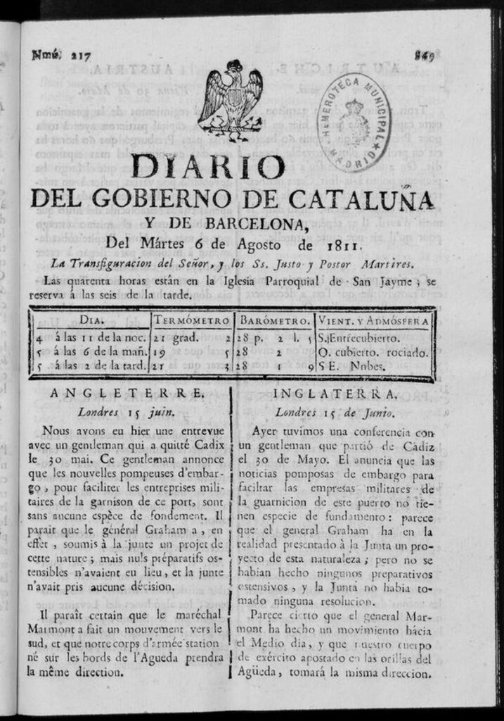 Miniatura de Diario de Barcelona del martes 6 de agosto de 1811