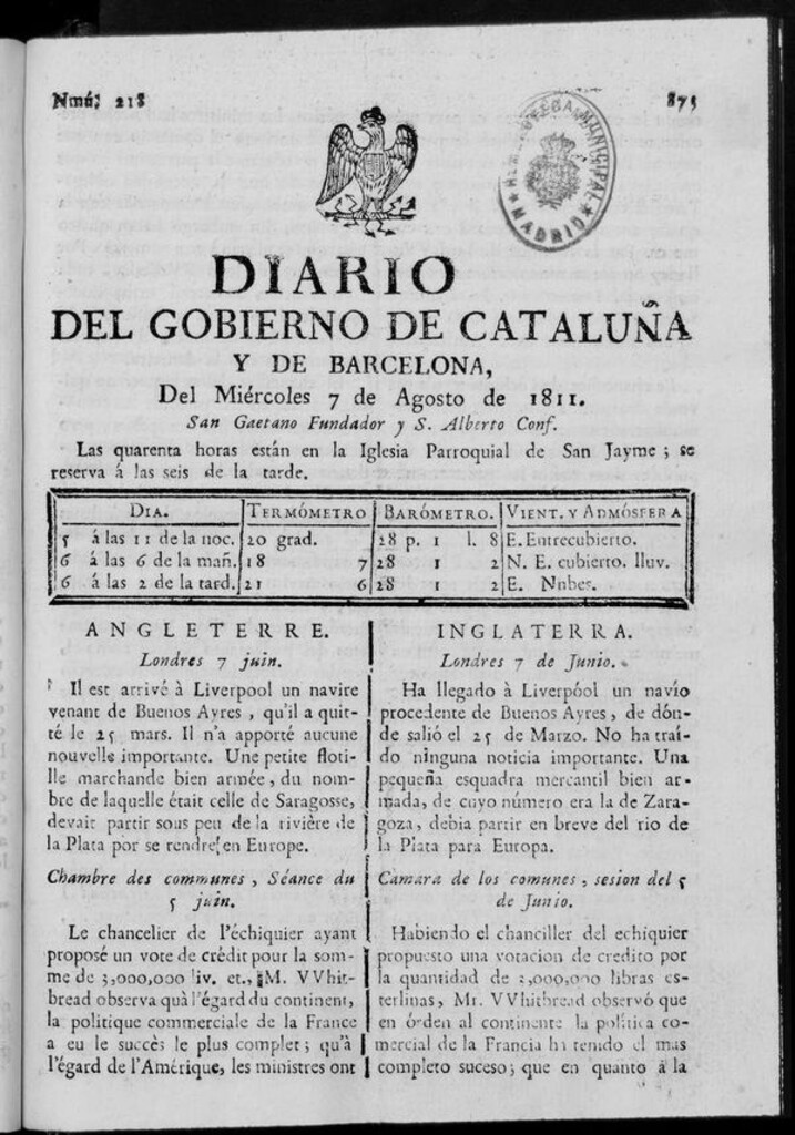 Miniatura de Diario de Barcelona del miércoles 7 de agosto de 1811