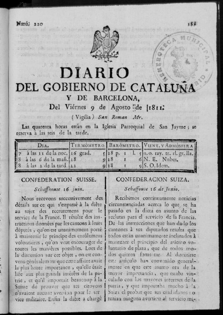 Miniatura de Diario de Barcelona del viernes 9 de agosto de 1811