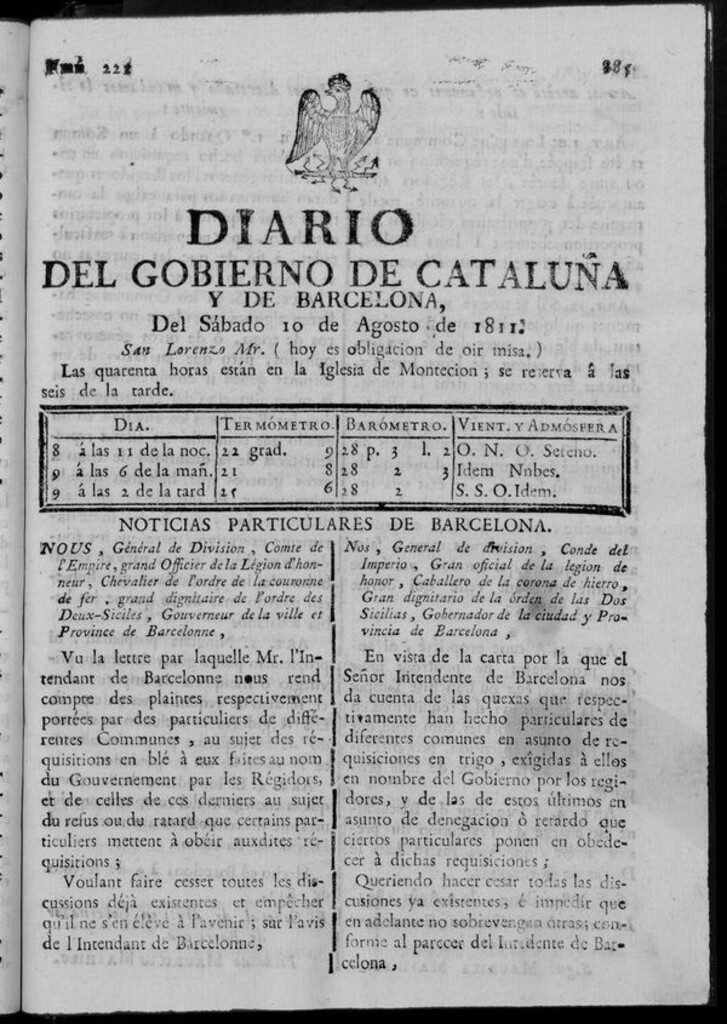 Miniatura de Diario de Barcelona del sábado 10 de agosto de 1811