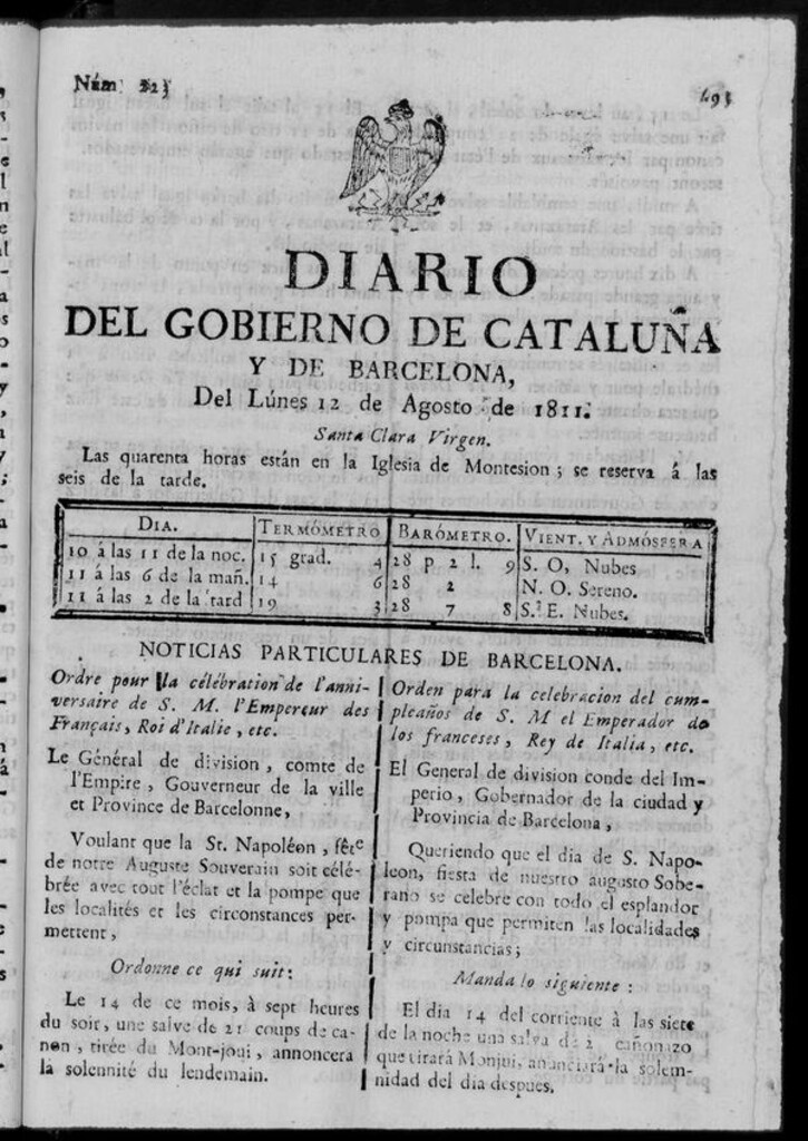Miniatura de Diario de Barcelona del lunes 12 de agosto de 1811