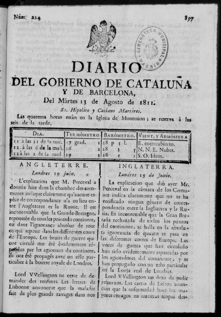 Miniatura de Diario de Barcelona del martes 13 de agosto de 1811