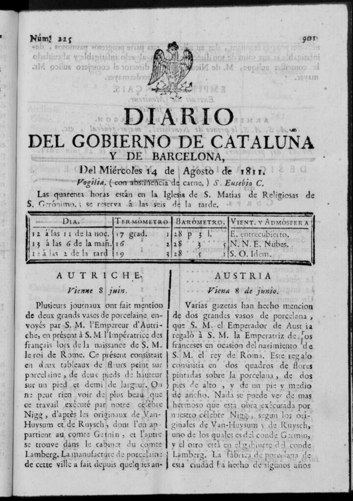 Miniatura de Diario de Barcelona del miércoles 14 de agosto de 1811