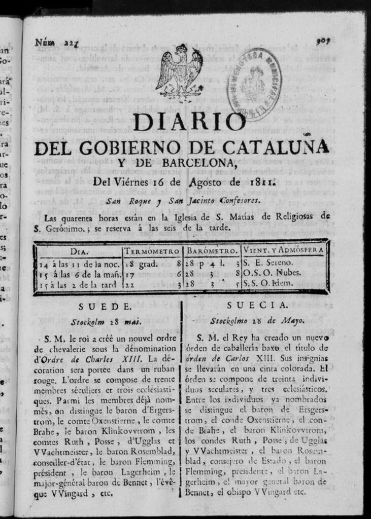 Miniatura de Diario de Barcelona del viernes 16 de agosto de 1811
