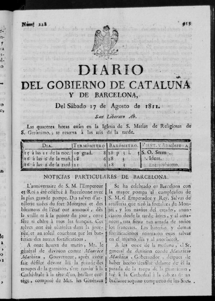 Miniatura de Diario de Barcelona del sábado 17 de agosto de 1811