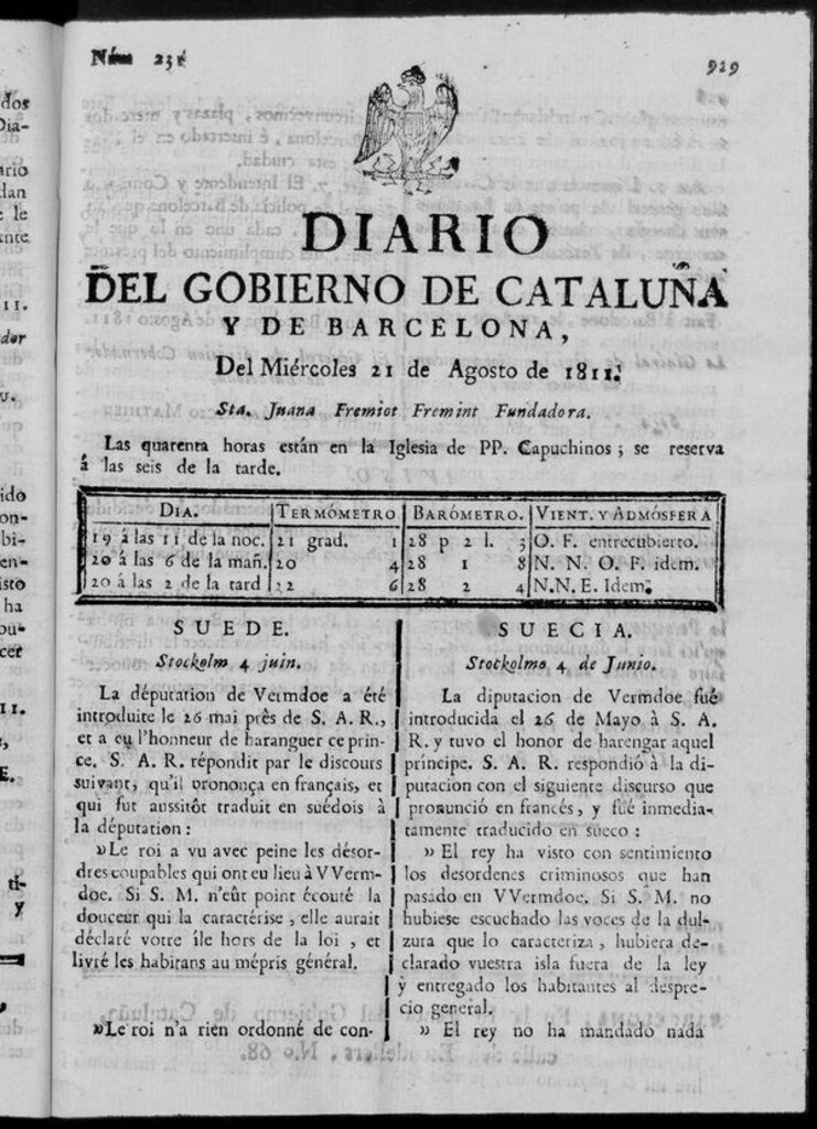 Miniatura de Diario de Barcelona del miércoles 21 de agosto de 1811