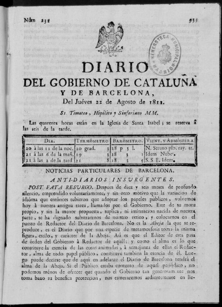 Miniatura de Diario de Barcelona del jueves 22 de agosto de 1811