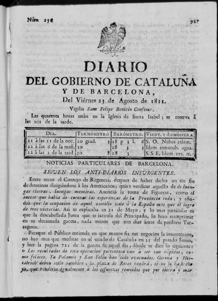 Miniatura de Diario de Barcelona del viernes 23 de agosto de 1811