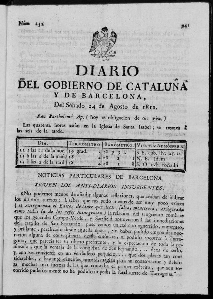 Miniatura de Diario de Barcelona del sábado 24 de agosto de 1811