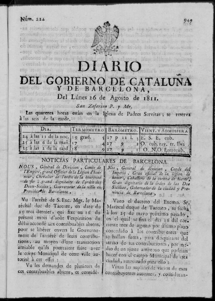 Miniatura de Diario de Barcelona del lunes 26 de agosto de 1811