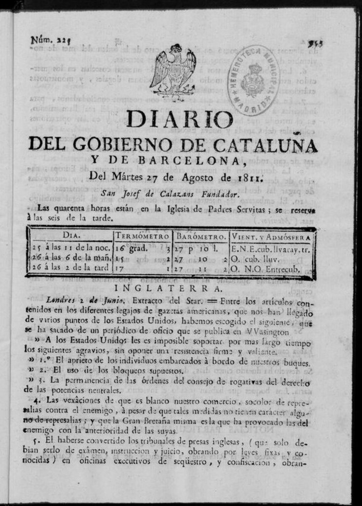 Miniatura de Diario de Barcelona del martes 27 de agosto de 1811