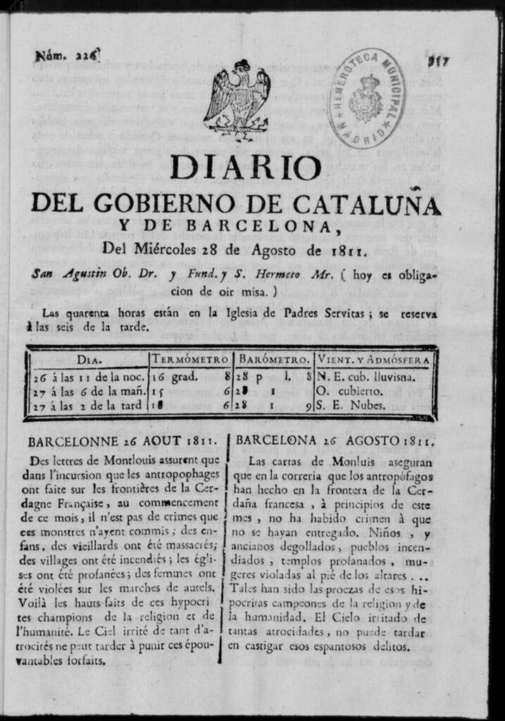 Miniatura de Diario de Barcelona del miércoles 28 de agosto de 1811