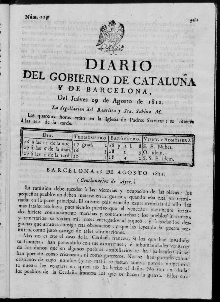 Miniatura de Diario de Barcelona del jueves 29 de agosto de 1811