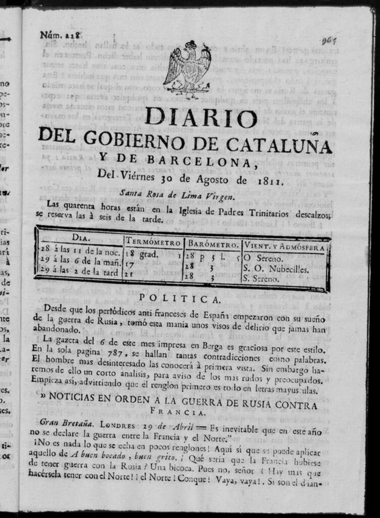 Miniatura de Diario de Barcelona del viernes 30 de agosto de 1811