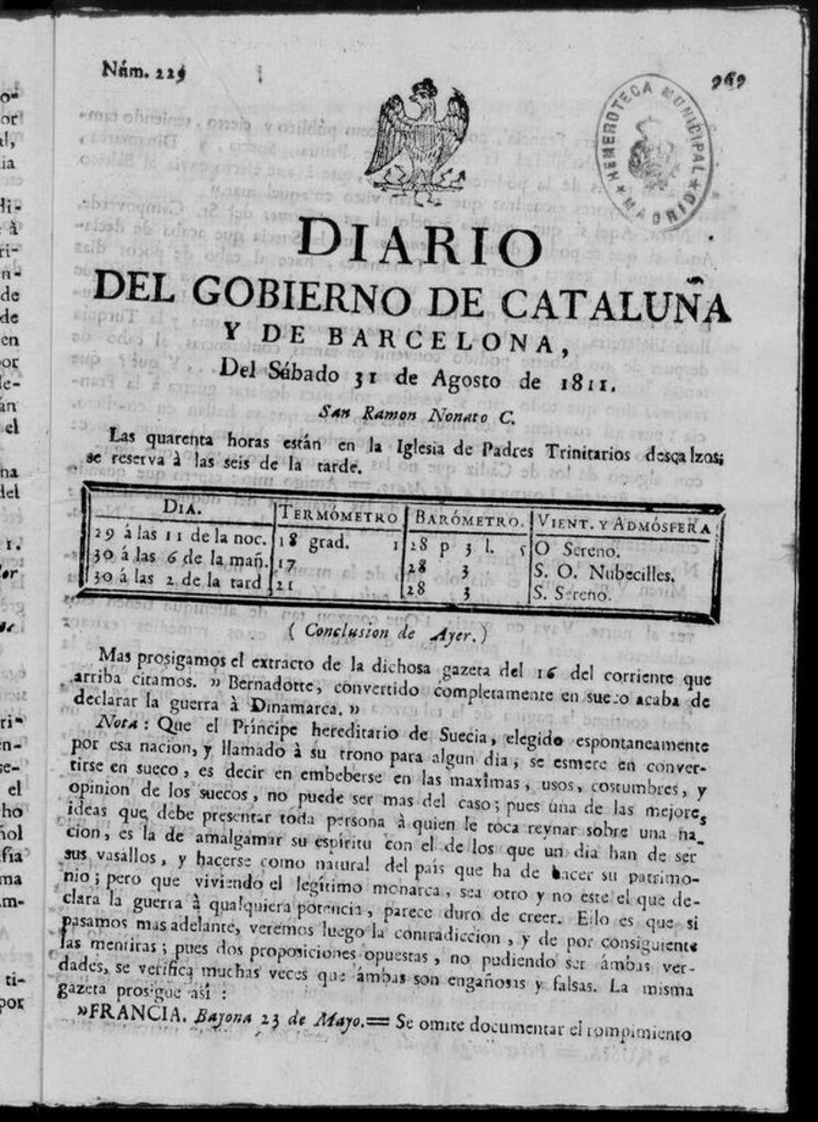 Miniatura de Diario de Barcelona del sábado 31 de agosto de 1811