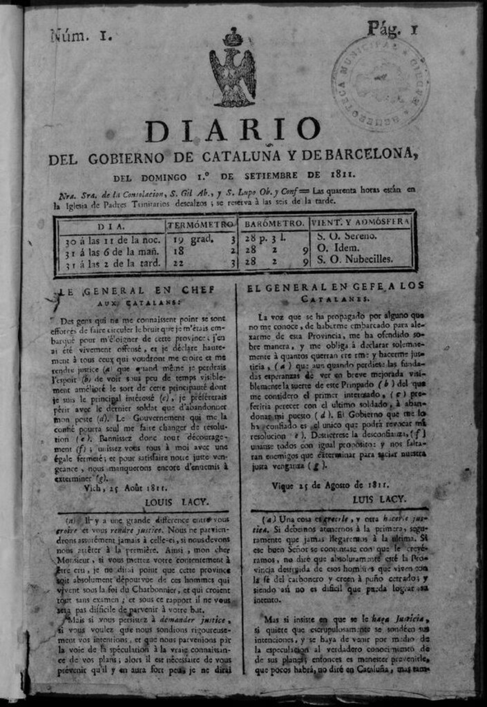 Miniatura de Diario de Barcelona del domingo 1 de septiembre de 1811