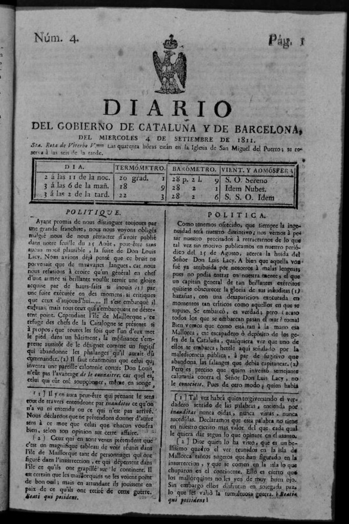 Miniatura de Diario de Barcelona del miércoles 4 de septiembre de 1811
