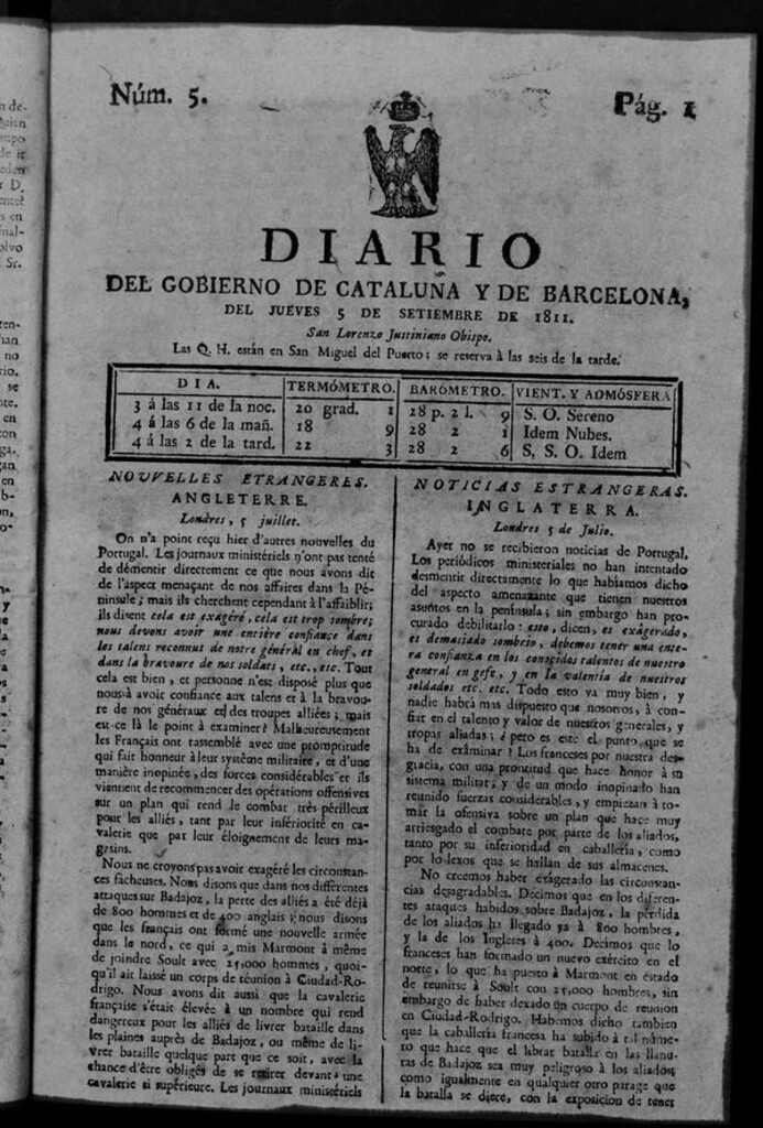 Miniatura de Diario de Barcelona del jueves 5 de septiembre de 1811