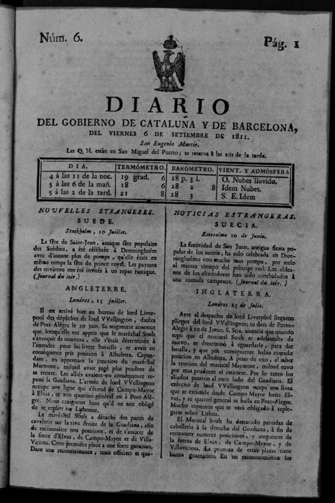 Miniatura de Diario de Barcelona del viernes 6 de septiembre de 1811