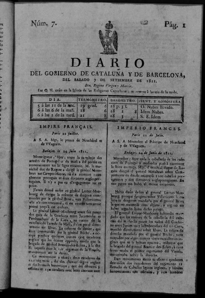Miniatura de Diario de Barcelona del sábado 7 de septiembre de 1811