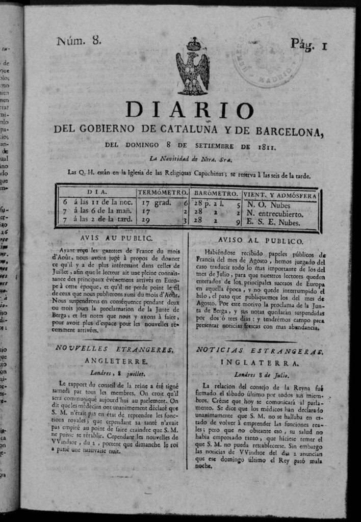Miniatura de Diario de Barcelona del domingo 8 de septiembre de 1811