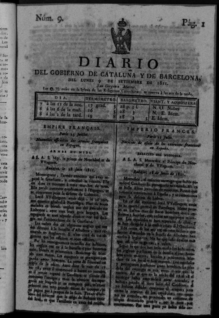 Miniatura de Diario de Barcelona del lunes 9 de septiembre de 1811