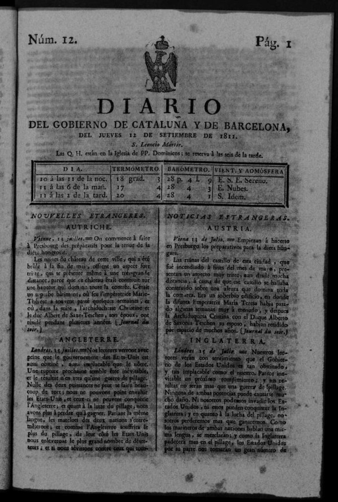 Miniatura de Diario de Barcelona del jueves 12 de septiembre de 1811