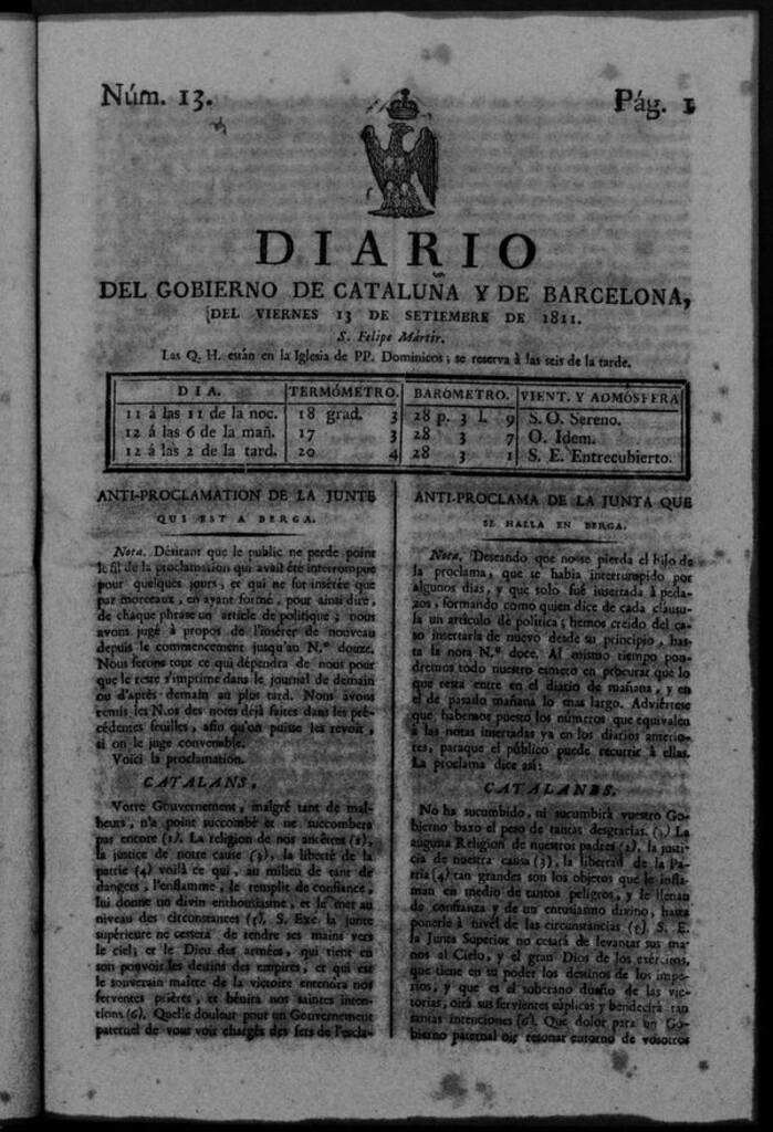 Miniatura de Diario de Barcelona del viernes 13 de septiembre de 1811