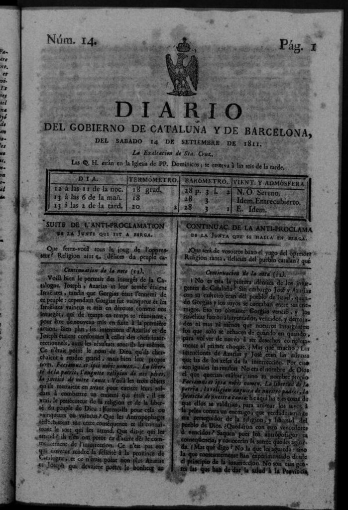 Miniatura de Diario de Barcelona del sábado 14 de septiembre de 1811