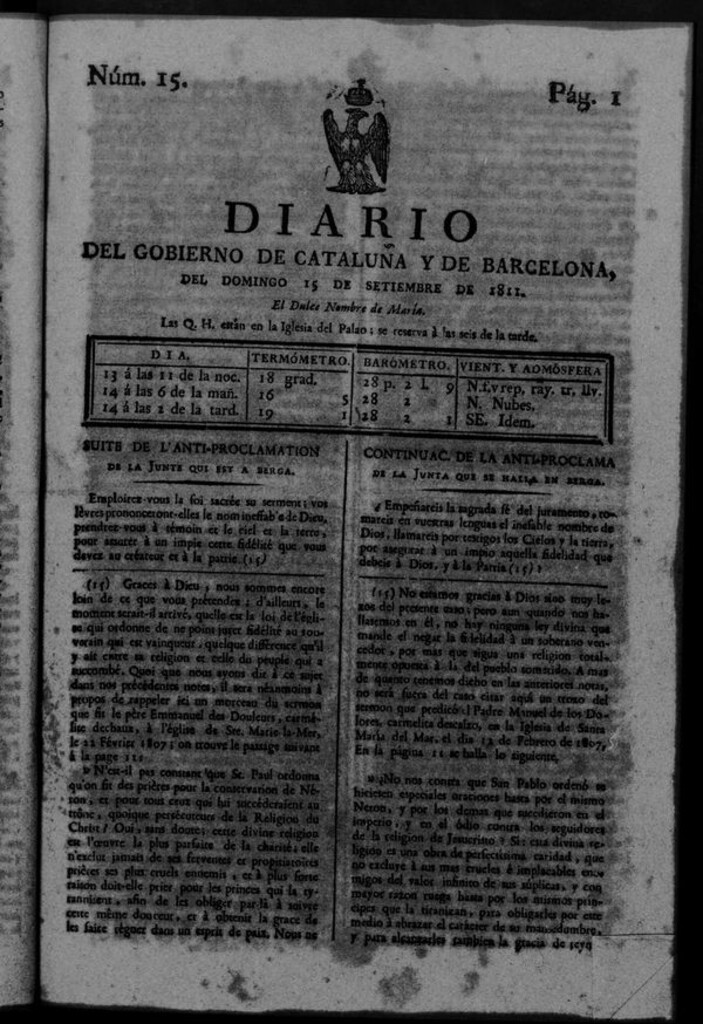 Miniatura de Diario de Barcelona del domingo 15 de septiembre de 1811