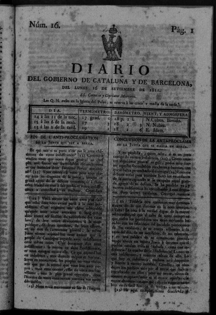 Miniatura de Diario de Barcelona del lunes 16 de septiembre de 1811