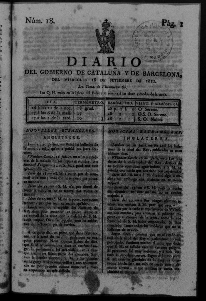 Miniatura de Diario de Barcelona del miércoles 18 de septiembre de 1811
