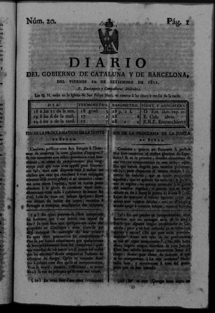 Miniatura de Diario de Barcelona del viernes 20 de septiembre de 1811