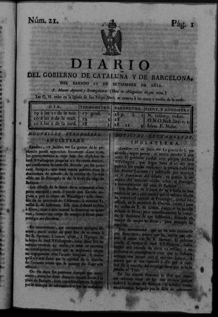 Miniatura de Diario de Barcelona del sábado 21 de septiembre de 1811
