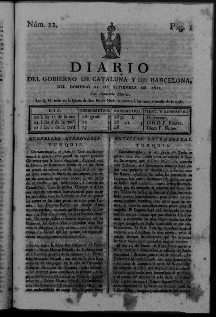 Miniatura de Diario de Barcelona del domingo 22 de septiembre de 1811