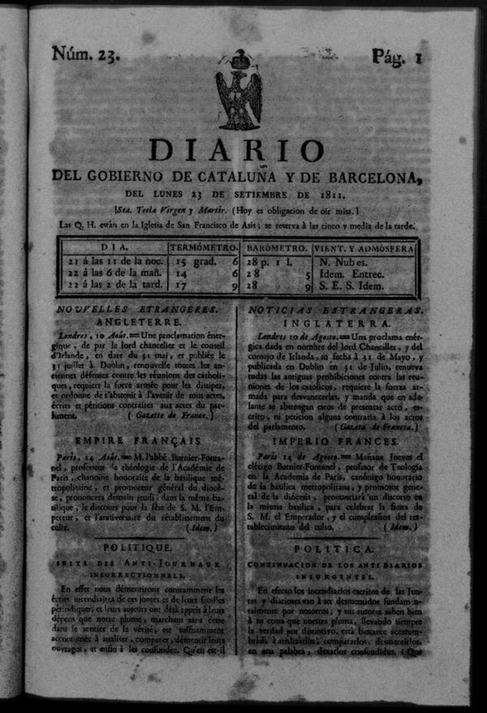 Miniatura de Diario de Barcelona del lunes 23 de septiembre de 1811