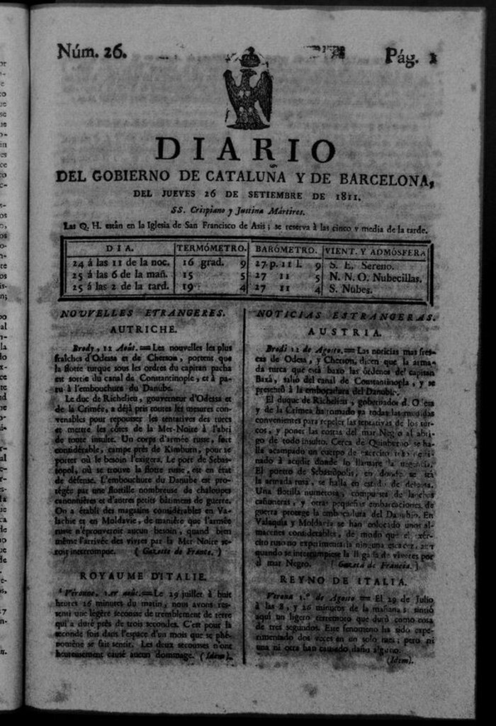 Miniatura de Diario de Barcelona del jueves 26 de septiembre de 1811