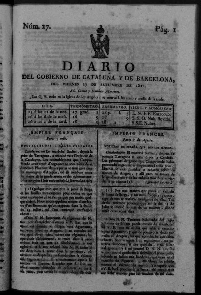Miniatura de Diario de Barcelona del viernes 27 de septiembre de 1811