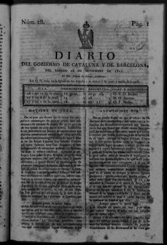 Miniatura de Diario de Barcelona del sábado 28 de septiembre de 1811