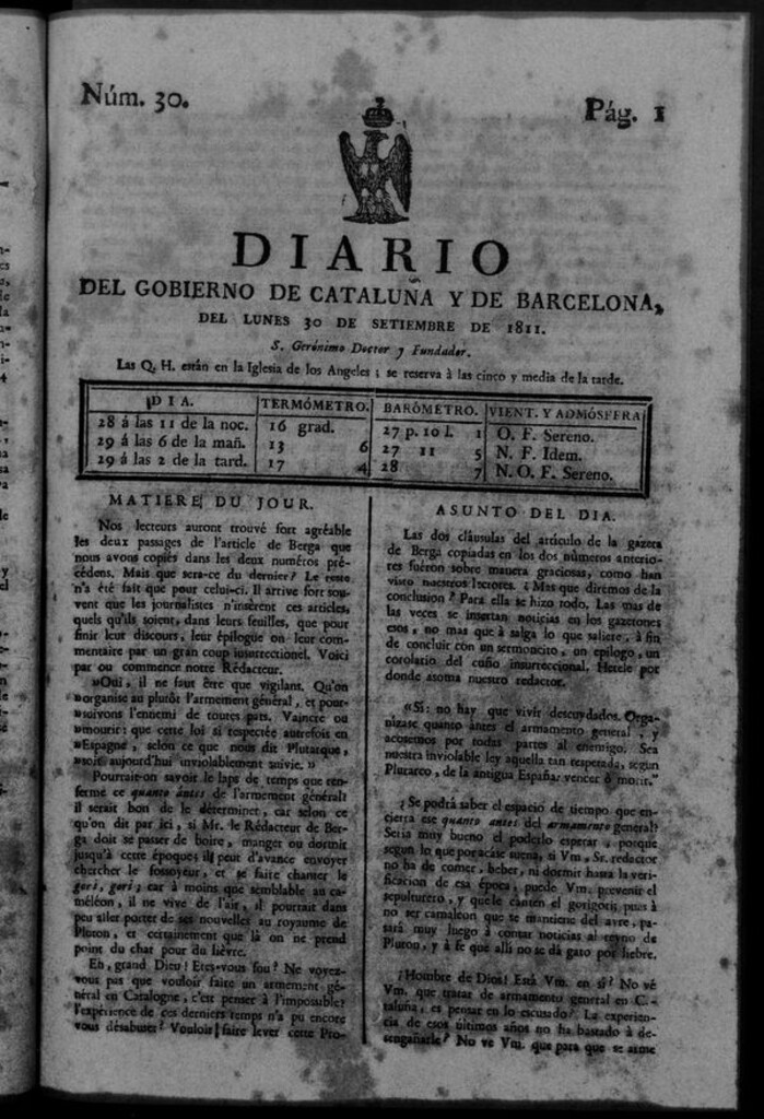 Miniatura de Diario de Barcelona del lunes 30 de septiembre de 1811