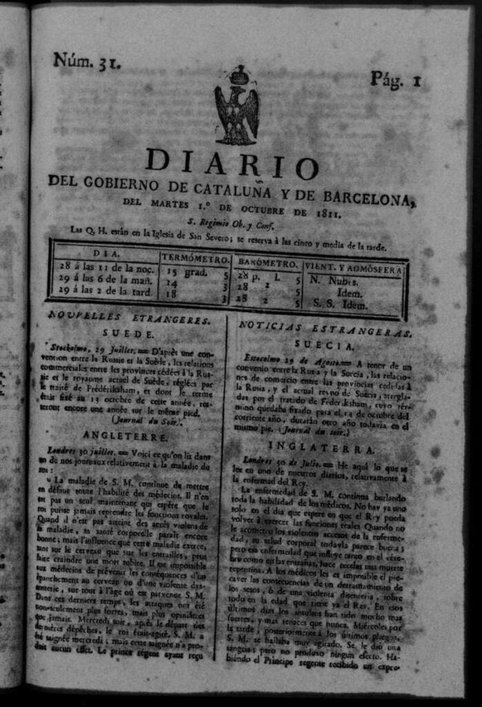 Miniatura de Diario de Barcelona del martes 1 de octubre de 1811