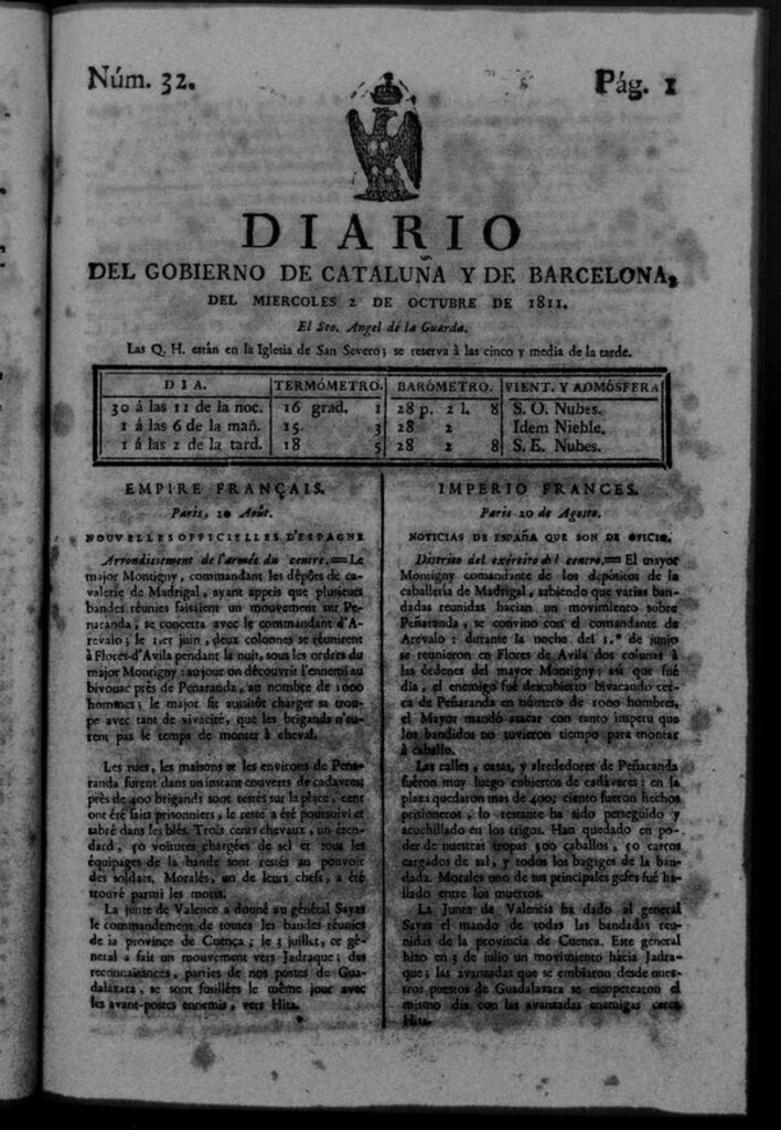 Miniatura de Diario de Barcelona del miércoles 2 de octubre de 1811